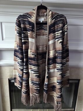 Lucky Brand Tan, Navy, Cream Southwest Aztec Fringe Open-Front Cardigan Size XL